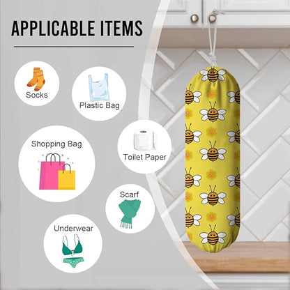 Bees Plastic Bag Holder, Hanging Shopping Bags Storage Carrier, Yellow Fabric Garbage Trash Bag Dispenser for Home Kitchen Pantry Cabinet, Wall Mount, Kitchen Housewarming Gifts for Women