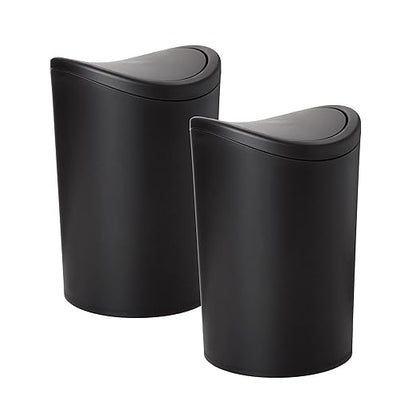 Superio Small Bathroom Trash Can with Lid, Modern Matte Black Mini Waste Bin with Swing Lid (1 1/2 Gallon, 6 Liter) Plastic Garbage Can for Kitchen, Bathroom, Bedroom, Office, Under Desk (2, Black)