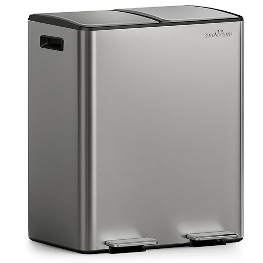 mVm Dual Trash Can, 2x5.3 Gal Stainless Steel Step Trash Can with Thick Lids, 2 Compartment Recycle Bin for Home Kitchen Office (Gray)
