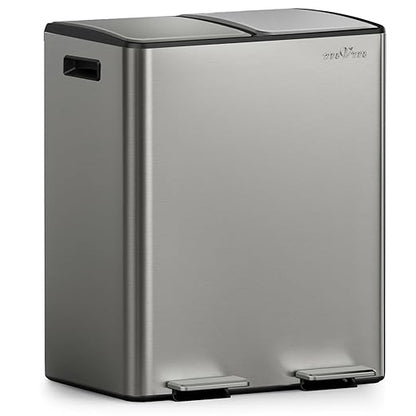 mVm Dual Trash Can, 2x5.3 Gal Stainless Steel Step Trash Can with Thick Lids, 2 Compartment Recycle Bin for Home Kitchen Office (Gray)