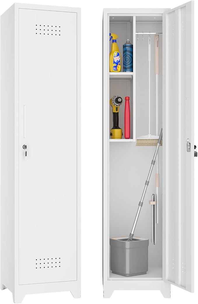 Broom Closet Utility Storage Cabinet with Locking Door and 2 Shelves, 65" H Slim Tool Cabinet for Broom and Mops, with Hanging Rod and Hooks for Home Office,White