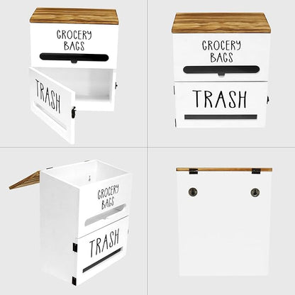 2 in 1 Trash Bag Dispenser, Double Wall Mounted,Wood Trash Bag Holder, used in kitchen, garage, laundry room, can store Environmentally friendly food bags and garbage bags (White)