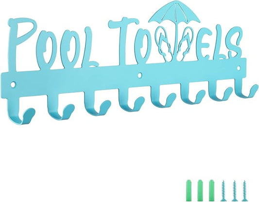 IBosins Pool Towel Rack with 8 Hooks, Towel Holder Wall Mounted for Outdoor or Bathroom, Towel Hanger for Hanging Bathrobes, Towels, Clothes - Perfect Pool Area Outside Sign and Decor (Blue)