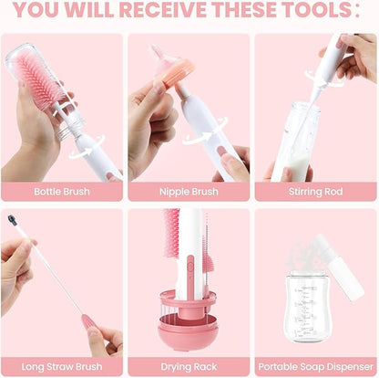 Electric Bottle Brush Cleaner,Rechargeable Baby Bottle Cleaning kit with Formula Mixer, Silicone Nipple&Straw Brush, Soap Dispenser, Drying Rack-IPX7 Waterproof,Long Battery Life for Home & Travel