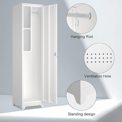 65" Metal Broom Storage Cabinet with Lock, Slim Freestanding Broom Closet Organizer with Adjustable Shelves and Hooks White Tall Utility Cabinet for Mop Broom Small Vacuum Garage Laundry Room
