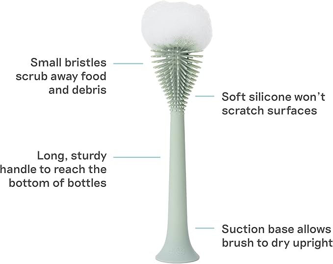 ezpz Bottle Brush (Sage) - Odor-Resistant Silicone Cleaning Tool with Long Sturdy Handle and Suction Base - Flexible Top for Tight Spaces - Gently Cleans Cups, Glasses, Bottles and Accessories
