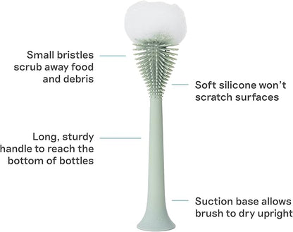 ezpz Bottle Brush (Sage) - Odor-Resistant Silicone Cleaning Tool with Long Sturdy Handle and Suction Base - Flexible Top for Tight Spaces - Gently Cleans Cups, Glasses, Bottles and Accessories
