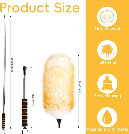 Lambswool Extendable Removable Duster 25-64 Inch Stainless Steel Extension Pole Wool Dusters for Cleaning Ceiling Fans Window Blinds Car Interiors Furniture Dusting,Feather Duster