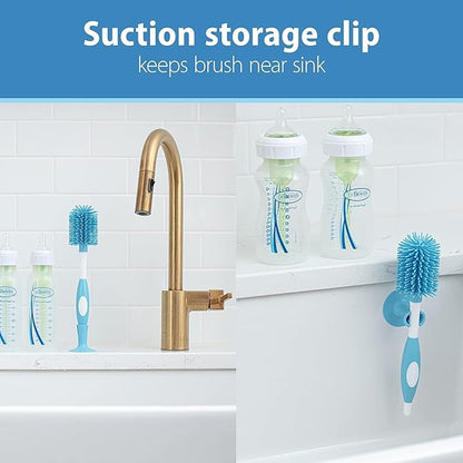 Dr. Brown's Soft Touch No Scratch Baby Bottle Cleaning Brush, Nipple Cleaner & Suction Cup Base for Easy Storage, BPA Free, Blue (Pack of 5)