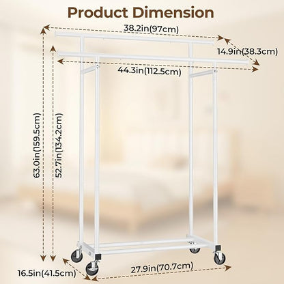 HYSEYY Double Rods Clothes Rack, Rolling Clothing Rack for Hanging Clothes Portable Wardrobe Rack, Metal Garment Rack Sturdy Coat Rack for Bedroom Laundry Living Room, White
