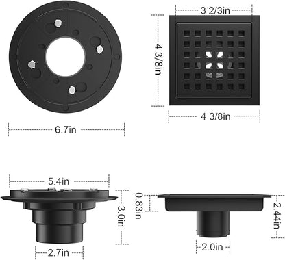 EXF Square Shower Drain 4-3/8 Inch Matte Black, Stainless Steel Shower Floor Drain Kit with ABS Flange, Removable Cover Grid Grate, Hair Strainer