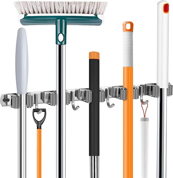 UNIFUN Broom Holder Wall Mount - Heavy Duty Stainless Steel Mop and Broom Organizer with 5 Racks 4 Hooks - Space Saving Storage for Kitchen Garage Garden - Easy Install Tool Hanger