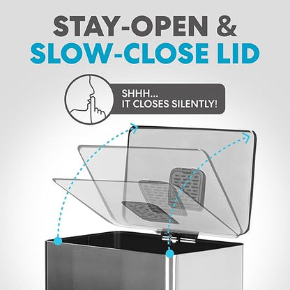 SIMPLI-MAGIC 50 Liter / 13.2 Gallon Soft-Close, Smudge Resistant Trash Can with Foot Pedal and Built in Filter- Stainless Steel, Sleek Finish