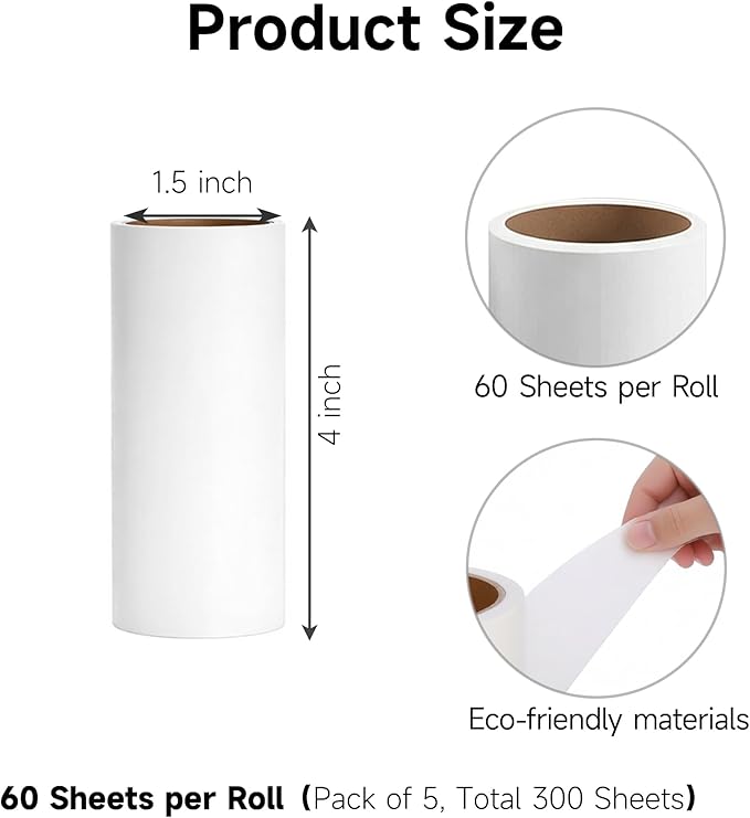 5 Pack 4 Inch Lint Roller Refills, 60 Sheets Per Roll - 300 Total Sheets | Sticky Adhesive Lint & Pet Hair Remover for Clothes, Furniture, Car Seats & Bedding (5, 4 Inch)