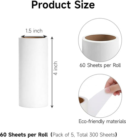 5 Pack 4 Inch Lint Roller Refills, 60 Sheets Per Roll - 300 Total Sheets | Sticky Adhesive Lint & Pet Hair Remover for Clothes, Furniture, Car Seats & Bedding (5, 4 Inch)