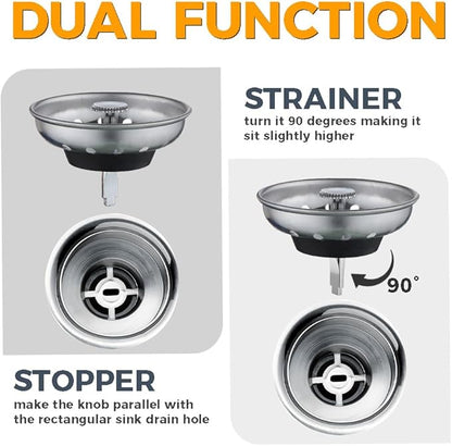 2 Pack - Kitchen Sink Strainer and Stopper Combo Basket Replacement for Standard 3-1/2 inch Drain, Stainless Steel Basket with Plastic Knob, Rubber Stopper Bottom
