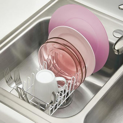 mDesign Kitchen Sink Dish Drainer – Small Metal and Plastic Dish Rack for Kitchen Sink – Dish Drying Rack with Drip Tray for Plates and Cutlery Basket – White/Clear
