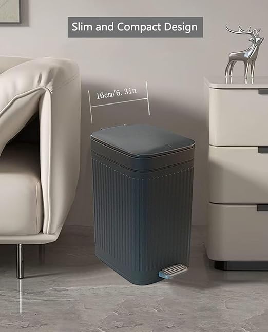 Feisco Small Trash Can with Lid,Small Bathroom Trash Can with Foot Pedal and Press Type Lid,Slim Step-On Trash Bin Wastebasket Garbage Can for Kitchen,Bathroom Office, Bedroom (Gray, 1.8 Gallon)