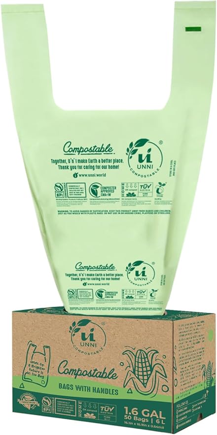 UNNI 1.6 Gallon Compostable Trash Bags with Tie Handles, 50 Count Small Food Scrap Kitchen Compost Bags for Countertop Bin, Certified by BPI, CMA & OK compost HOME, Meets ASTM D6400