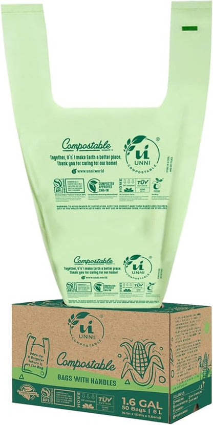 UNNI 1.6 Gallon Compostable Trash Bags with Tie Handles, 50 Count Small Food Scrap Kitchen Compost Bags for Countertop Bin, Certified by BPI, CMA & OK compost HOME, Meets ASTM D6400