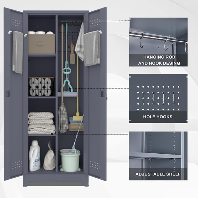 65" H Metal Storage Cabinet,Broom Closet Storage Cabinet with Adjustable Shelves,Locking Steel Cabinets with Pegboard and Hanging Rod,Utility Closet for Brooms and Mops,Grey