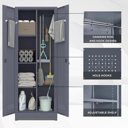 65" H Metal Storage Cabinet,Broom Closet Storage Cabinet with Adjustable Shelves,Locking Steel Cabinets with Pegboard and Hanging Rod,Utility Closet for Brooms and Mops,Grey