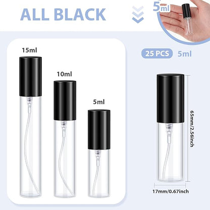 Yinder 25 Pcs 5 ml Travel Spray Bottle Refillable Perfume Atomizer Bulk Glass Mini Cologne Perfume Bottles Empty Fine Mist Portable Small Sample Containers, Black