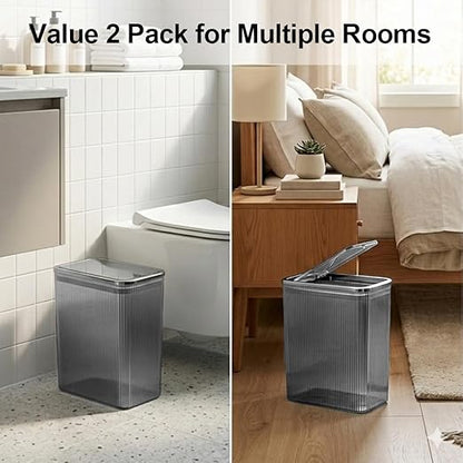 2 Pack Bathroom Trash Can with Lid, 2.6 Gallon Transparent Small Trash Can for Bedroom, Office, Slim Garbage Can with Lid for Narrow Spaces, Modern Decorative Waste Basket, Grey