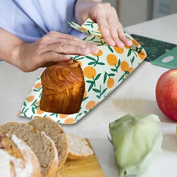 Reusable Beeswax Food Wraps, Organic Cotton Food Storage, Eco Friendly Plastic Free Wrap for Bread Sandwiches Fruits Cheese