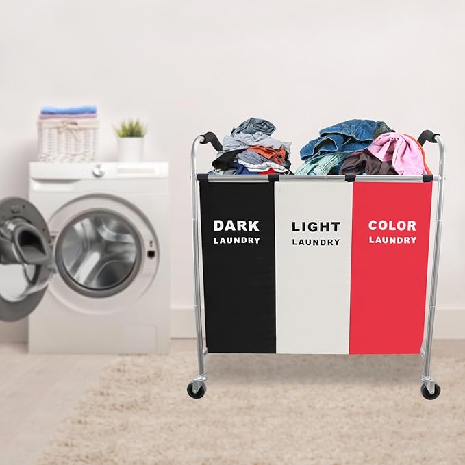 240L Laundry Hamper, Large Blanket Storage Basket Sorter 3 Section Bag Organizer for Dirty Clothes - Toys - Towel,16 X 34 X 35 inch Heavy Duty Laundry Cart Baskets (Black and white Red wheel)