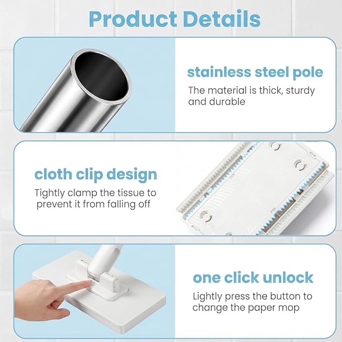 Snap Grip Mini Mop, Zero Touch Cloth Changing Mop with Automatic Push Pull Handle,360 Rotating Lazy Mops Wet Dry for Whole House Cleaning,Retractable Gap Dust Cleaner Flat Mops (White-6 Cloths)