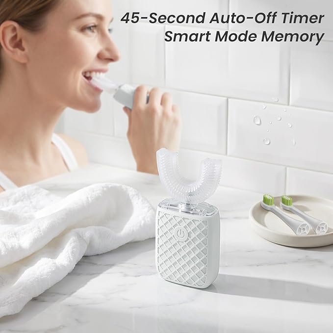 Sonic Electric U Shaped Toothbrush for Adults, Automatic Full Mouth Cleaning Toothbrush, 360° Stain Removal, IPX7 Waterproof Rechargeable, 3 U-Shape & 2 Straight Brush Heads (White - Cup)