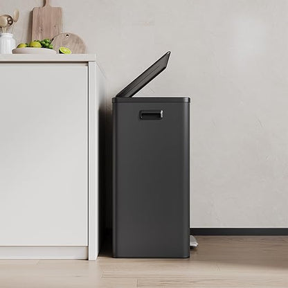16 Gallon/60 L Dual Trash Can, Stainless Steel Garbage Can with Soft-Close Lid & Step Pedal, 2 x 8 Gallon Commercial Double Recycling Bin with 2 Removable Inner Buskets for Kitchen Office, Black
