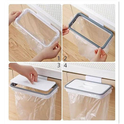 Portable Trash Bag Holder, Hanging Garbage Bag Holder,Over The Cabinet Plastic with Lid Kitchen Garbage Bags Storage Rack Trash Bin (1 pcs)