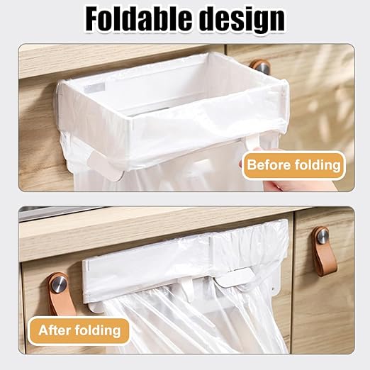 MiOYOOW Foldable Trash Bag Holder, Hanging Waste Garbage Can Rack Magnetic Closure Waste Bag Hanger Racks with Fixing Snap for Kitchen Cabinets Doors