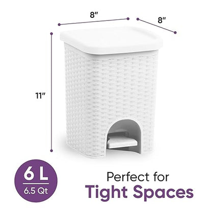 Superio 2-Pack Mini 6L Step Pedal Trash Can - Wicker Design, Hidden Mechanism, Durable Plastic, Ideal for Desktop, Countertop, Pet Waste/Dog Poop- White