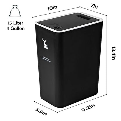 XPIY Trash Can with Lid, 2 Pack 4 Gallons/15 Liters Garbage Can with Press Top, Small Trash Can Dog Proof, Plastic Trash Bin, Waste Basket for Bathroom|Kitchen|Bedroom|Office (1, Blackwhite)
