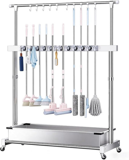 SARKEY Mobile Broom Mop Holder,Mop Broom Organizer With Wheels,Freestanding Cleaning Tool Holder For Home,Drip Tray,Top Hanging Hooks,For Garage,Garden,Schools,Hotels(127x50x185cm(50x20x73in))