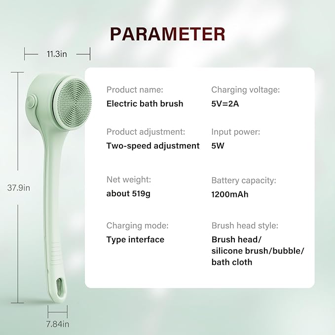 Electric Body Brush Back Scrubber for Shower, 8 Replaceable Heads and Hook, Long Handle, 2-Speed, Type-C Rechargeable, Waterproof, for Cleansing, Exfoliating and Massaging Skin（Green）