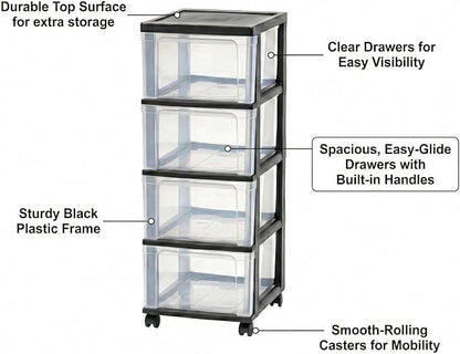 4-Drawer Narrow Storage Cart with Wheels - 32.5" Tall Slim Rolling Plastic Drawer Organizer Tower for Bathroom, Laundry Room, Kitchen & Office - Mobile Utility Unit with Clear Bins (Black)