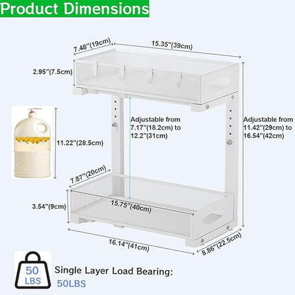 2 Pack Under Sink Pull Out Organizer, 2-Tier Adjustable Height Carbon Steel Storage Rack for Kitchen and Bathroom Cabinet, White