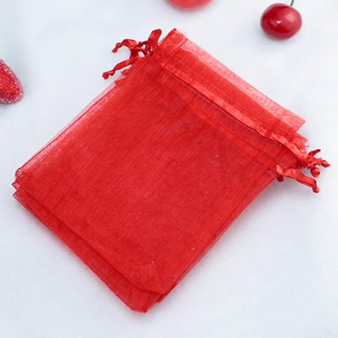 100 Pc 5x7 inch Gift Wrap Bags Red,Organza Sheer Fabric,Drawstring Glossy Pastel Treat Bags for Baby Shower Favor,House Party Favors,Bridal Shower Favor,Lipsense Holder,Xmas,Tea,Cookies,Chocolate