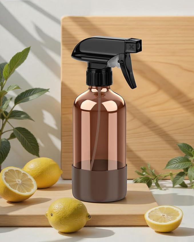Bontip Amber Glass Spray Bottle with Silicone Sleeve Protection, 8 oz Refillable Spray Bottles for Cleaning Solutions, Plants, Aromatherapy, Facial Hydration (1, Brown, 8 oz)