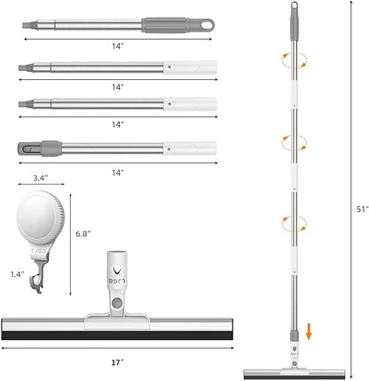 LGJJ Floor Spatula Broom 17" Rubber Spatula with 51" Aluminum Rod for Bathroom Tile, Garage Concrete, Deck, Shower Glass, Window Cleaner, Spatula Broom for Home Flooring
