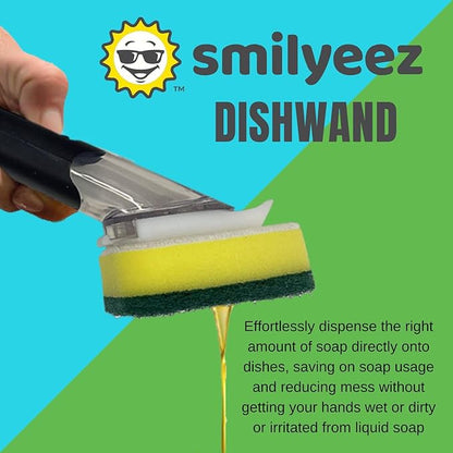 Smilyeez Soap Dispensing Dishwand (Light Blue) with Ergonomic Handle and 4 No-Plastic Sponges - Effortless Cleaning and Long-Lasting Durability - Kitchen and Dishwashing Essential