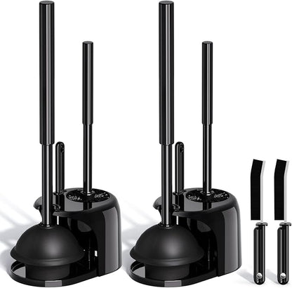 2PACK 3 in 1 Toilet Brush and Plunger Set with Crevice Cleaning Brush, Toilet Plunger and Brush Set with Extra Long Handle, Plungers for Bathroom Accessories, Bright Black