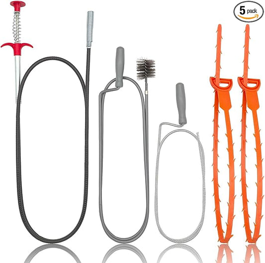 JOYFUL&HOPEFUL Drain Clog Remover Tool, 60" Stainless Steel Drain Unblocker,40" Snake Remover, 60" Pipe Cleaner Brush,24" Drain Cleaning Snake,5PCS, For Toilet, Kitchen Sink, Bathroom Tub, Sewer