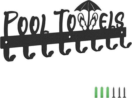 IBosins Pool Towel Rack with 8 Hooks, Towel Holder Wall Mounted for Outdoor or Bathroom, Towel Hanger for Hanging Bathrobes, Towels, Clothes - Perfect Pool Area Outside Sign and Decor (Black)