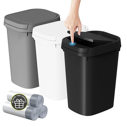 KSSKSS 3 Pack Bathroom Small Trash Can with Lid, 2.6 Gallon Slim Garbage Bin with Pop-Up Lid, 10L Plastic Wastebasket for Bedroom, Office, Kitchen, Toilet (Three Colors)
