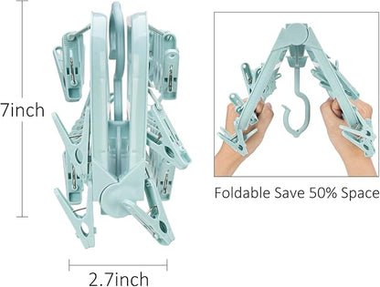 Foldable Clip Hangers with 26 Drying Clips, Underwear Hanger with Clips, Plastic Laundry Clip and Drip Drying Hanger for Socks, Bras, Lingerie, Clothes, Sturdy, Blue